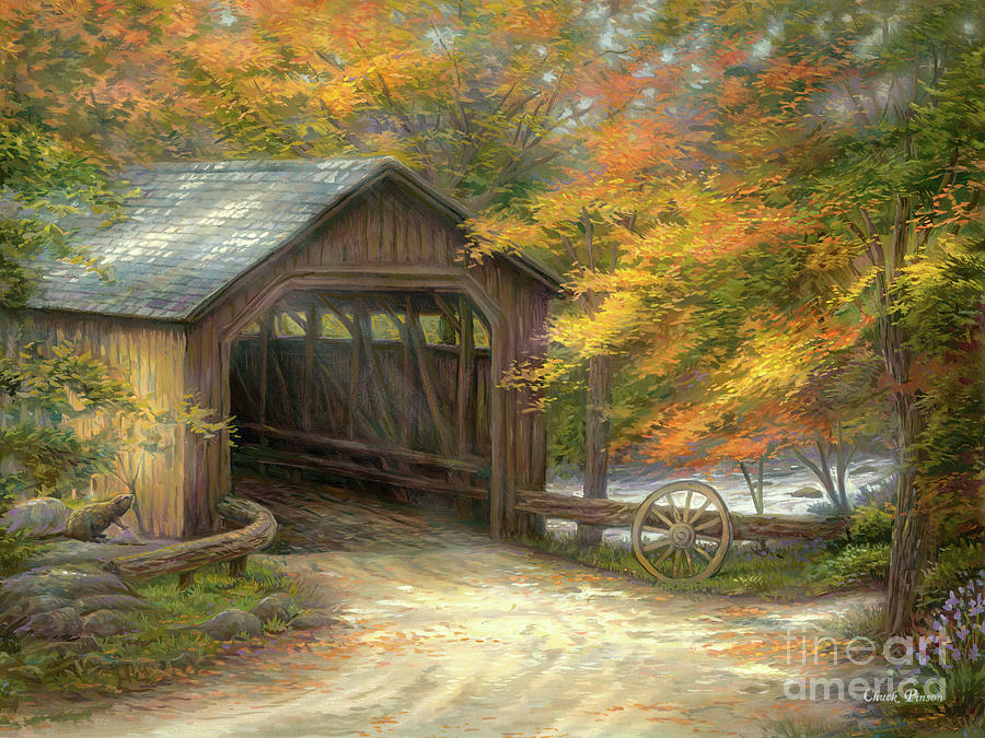 Covered Bridge Painting - Autumn Bridge by Chuck Pinson