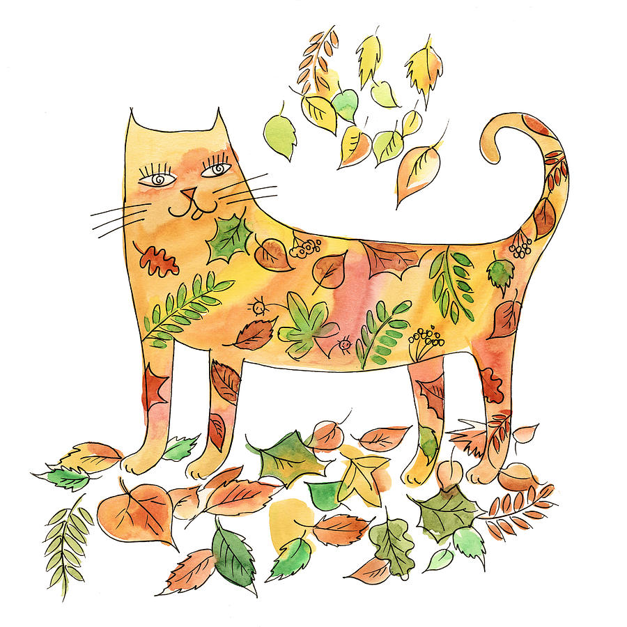 Autumn Cat Painting by Dina-Art - Fine Art America