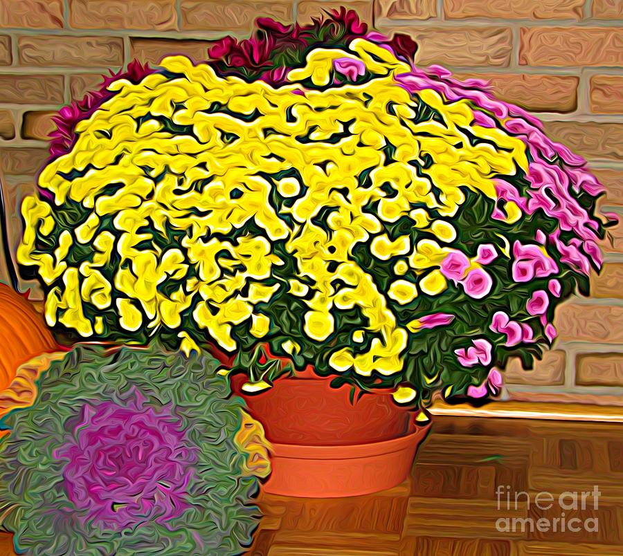 Autumn Chrysanthemums Display Expressionist Effect Mixed Media by Rose Santuci-Sofranko