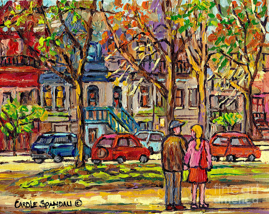 Autumn City Scene Carre St Louis Couple Strolling Le Plateau Montreal Urban Art Carole Spandau       Painting by Carole Spandau