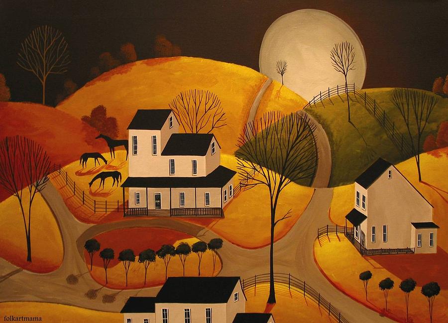 Autumn Evening Graze - a folkartmama original - folk art Painting by Debbie Criswell