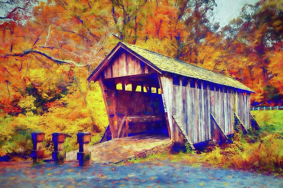 Autumn Fall Colors - Pisgah Covered Bridge AP Painting by Dan Carmichael