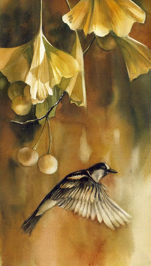 Autumn ginkgo with sparrow Painting by Alfred Ng