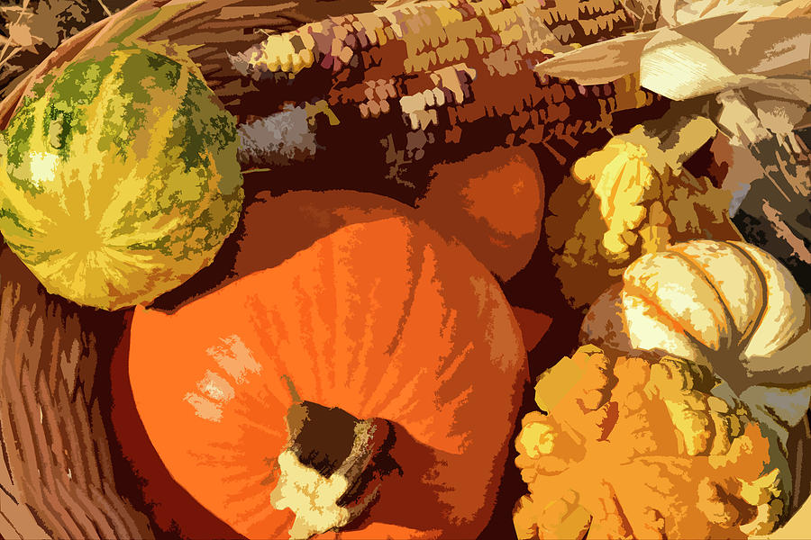 Autumn Gourds and Indian Corn in Basket I Digital Art by Linda Brody