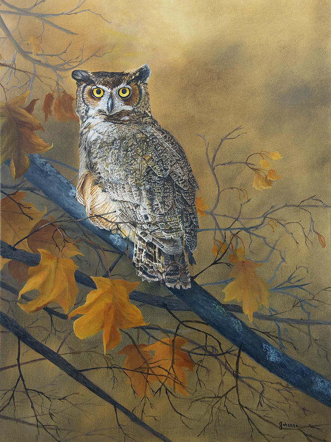 Autumn Highlights - Great Horned Owl Painting by Johanna Lerwick