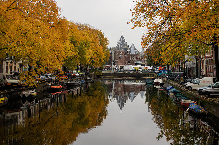 Autumn in Amsterdam - Peaceful Golden Symmetry Photograph by Georgia Mizuleva