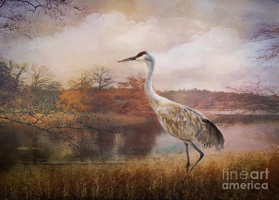 Autumn Lake Crane Painting by Janice Pariza