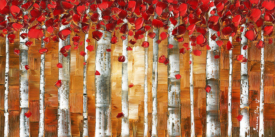 Abstract Painting - Brown Red Birch Aspen Landscape Art by Susanna Shaposhnikova