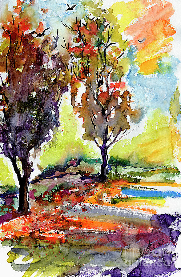 Autumn Landscape Trees Watercolor Painting by Ginette Callaway