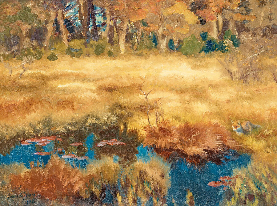 Swedish Painters Painting - Autumn Landscape With Fox by Bruno Liljefors Swedish Painters Painting - Autumn Landscape With Fox by Bruno Liljefors