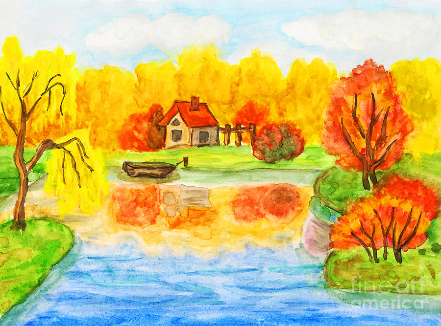 Autumn landscape with house, painting Painting by Irina Afonskaya