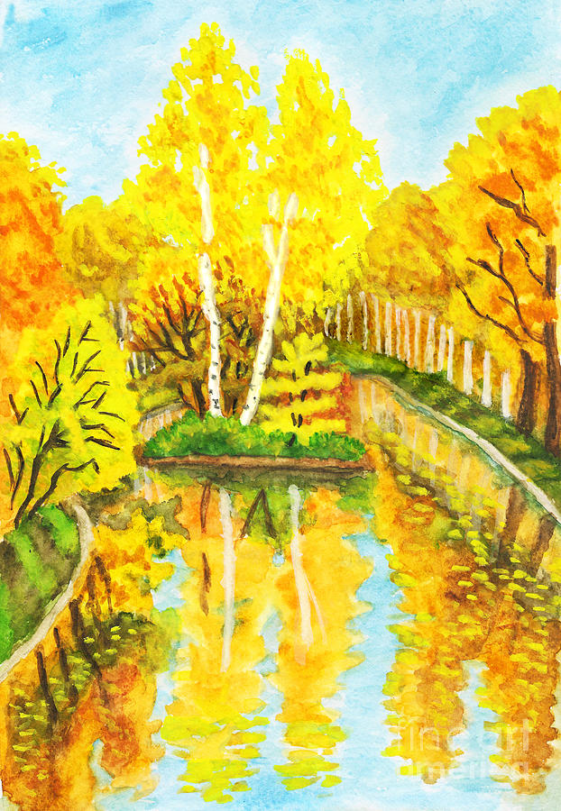 Autumn landscape with island, painting Painting by Irina Afonskaya