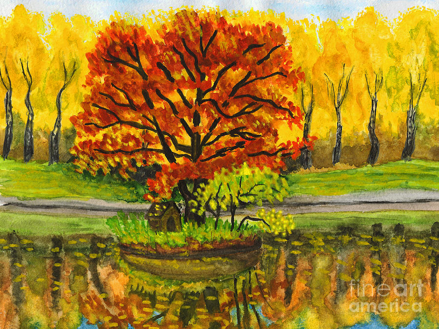 Autumn landscape with red tree, painting Painting by Irina Afonskaya