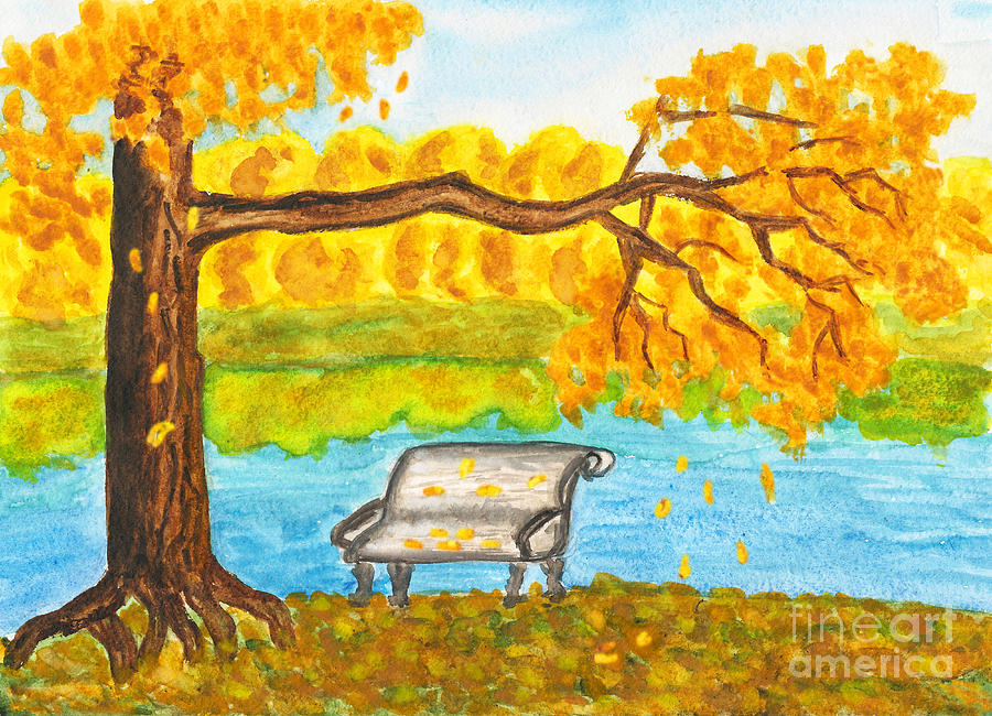 Autumn landscape with tree and bench, painting Painting by Irina Afonskaya