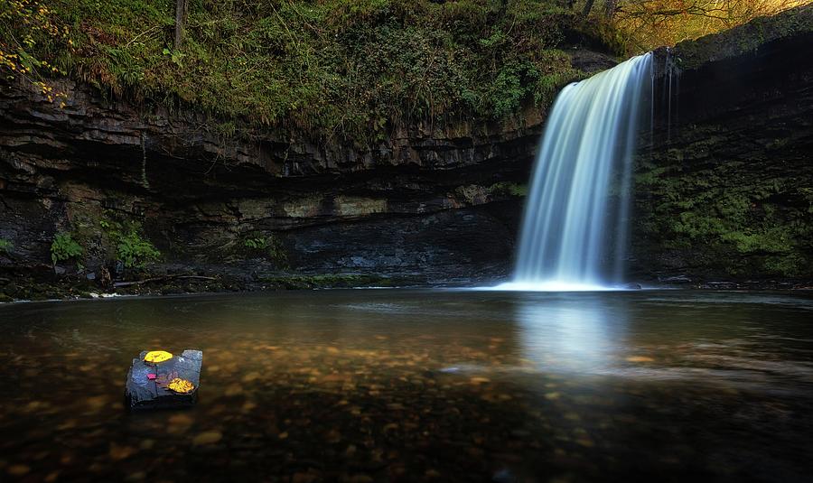 Waterfall Photograph - Autumn leaves at Sgwd Gwladus waterfall by Leighton Collins