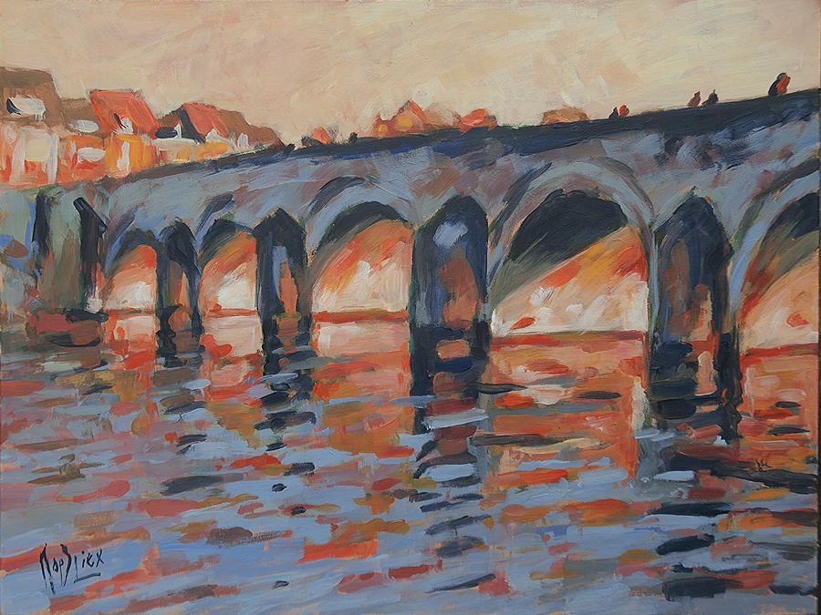 Autumn light through the Saint Servaas Bridge Maastricht Painting by Nop Briex