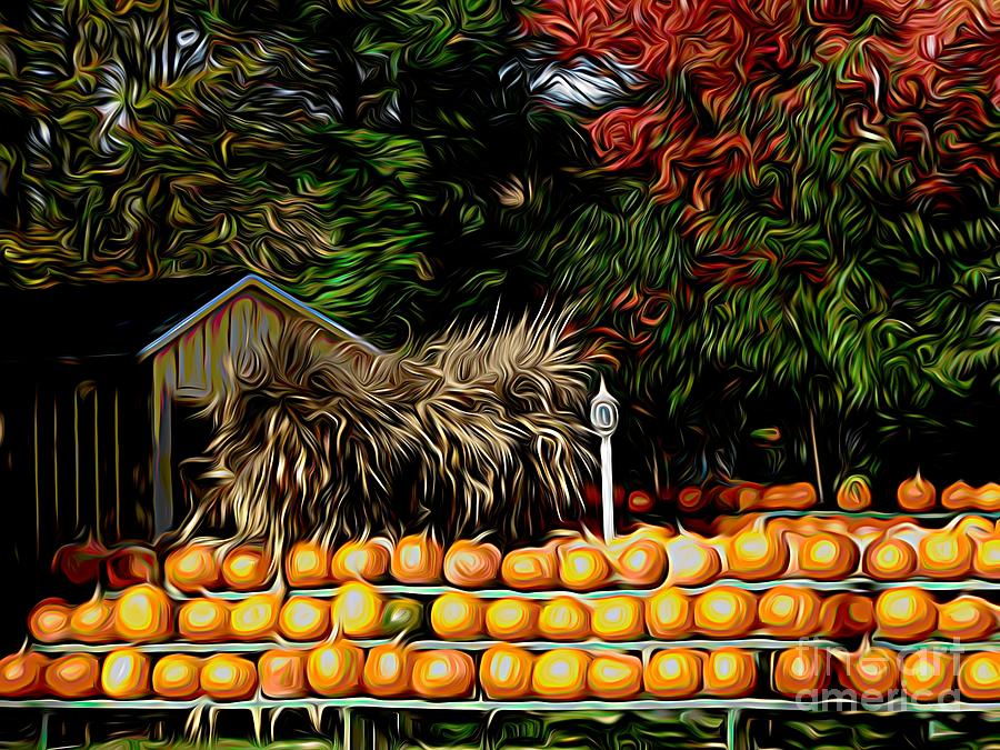 Tree Mixed Media - Autumn Pumpkins and Cornstalks Graphic Effect by Rose Santuci-Sofranko