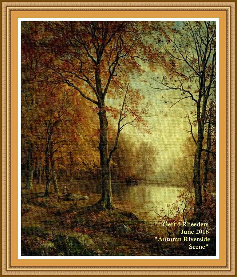 Autumn Riverside Scene L A With Decorative Ornate Printed Frame. Painting