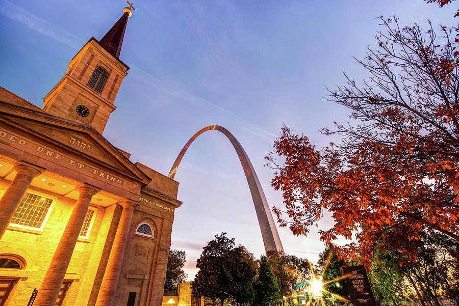 Skyline Photograph - Autumn Sunrise - Downtown Saint Louis Gateway Arch and Old Cathedral by Gregory Ballos