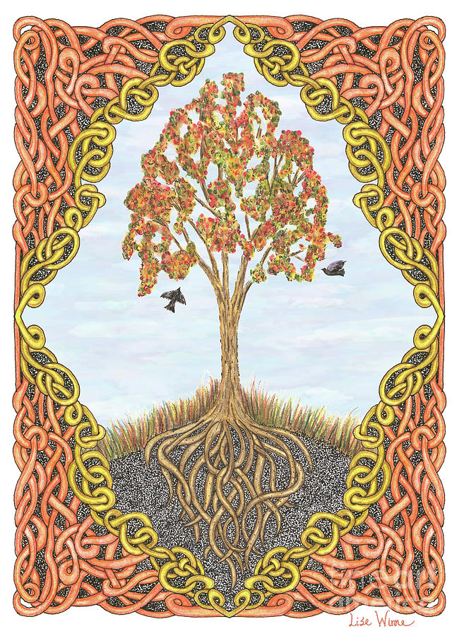 Autumn Tree with Knotted Roots and Knotted Border Drawing by Lise Winne