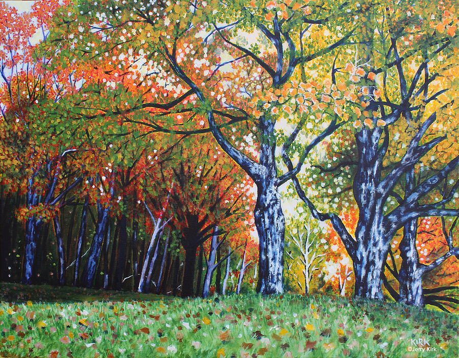 Tree Painting - Autumn Trees Along Bass Lake by Jerry Kirk