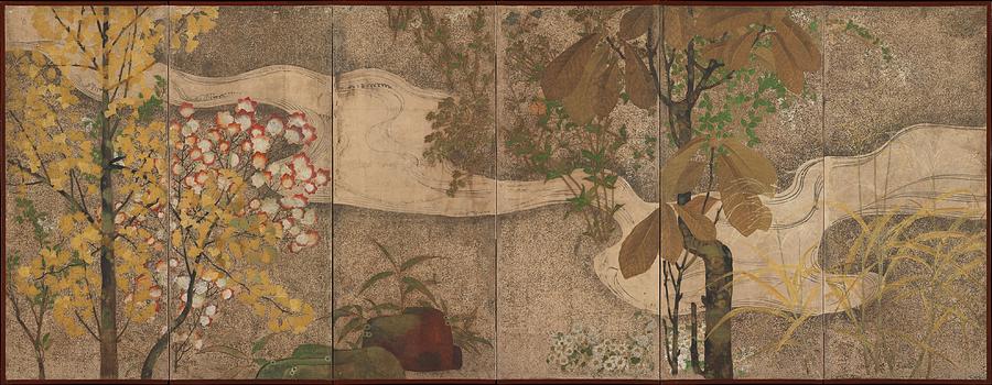 Autumn Trees and Grasses Painting by Edo period