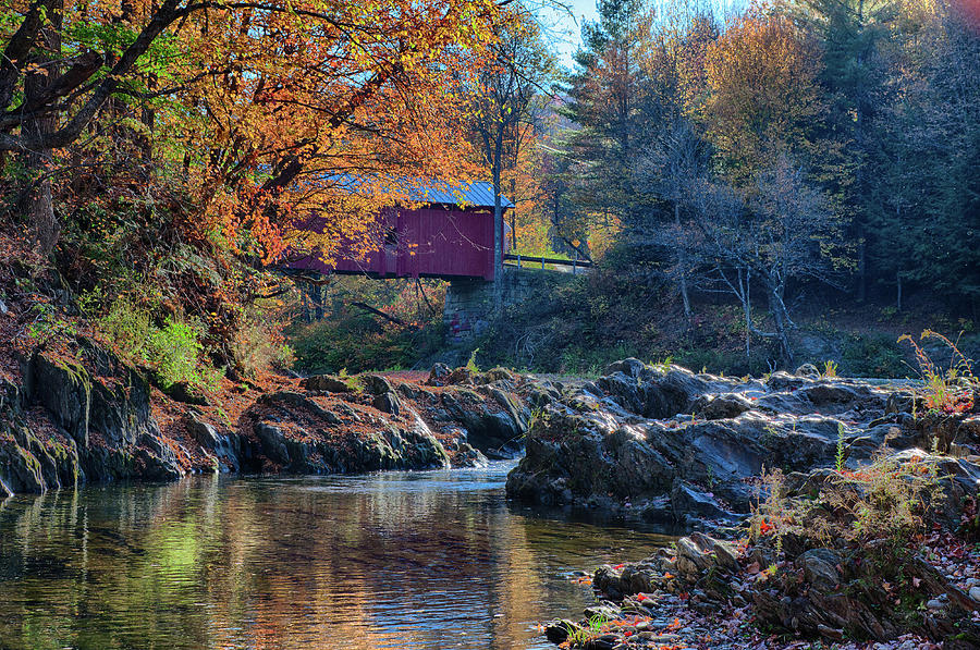 Landscape Photograph - Autumn view of Slaughterhouse covered bridge by Jeff Folger