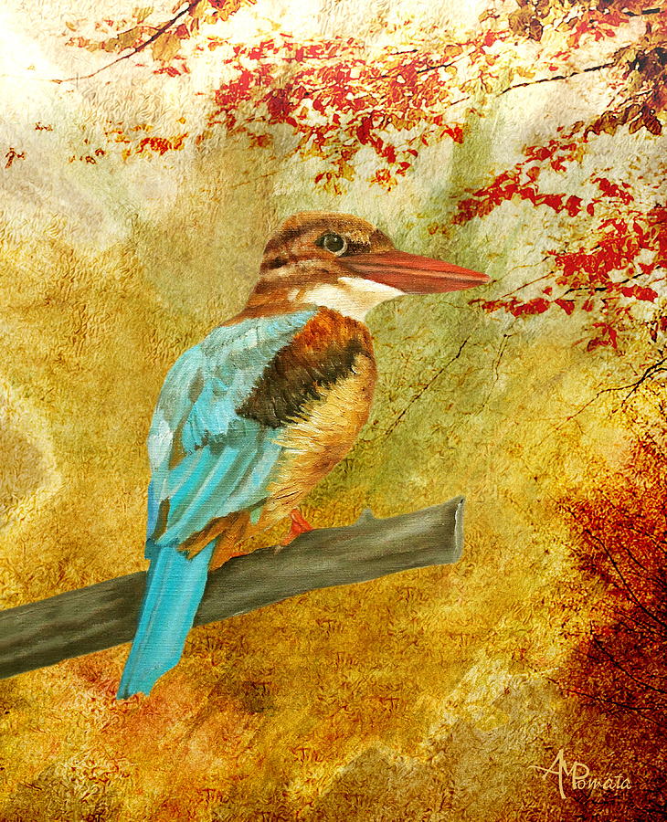 Kingfisher Painting - Autumnal Kingfisher by Angeles M Pomata