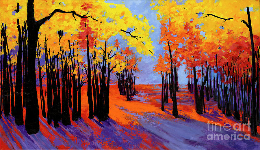 Autumnal Landscape Painting, Forest Trees At Sunset ...