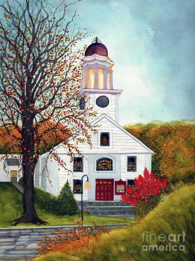 Autumns Romance - Little country Church Unionville NY Painting by Janine Riley