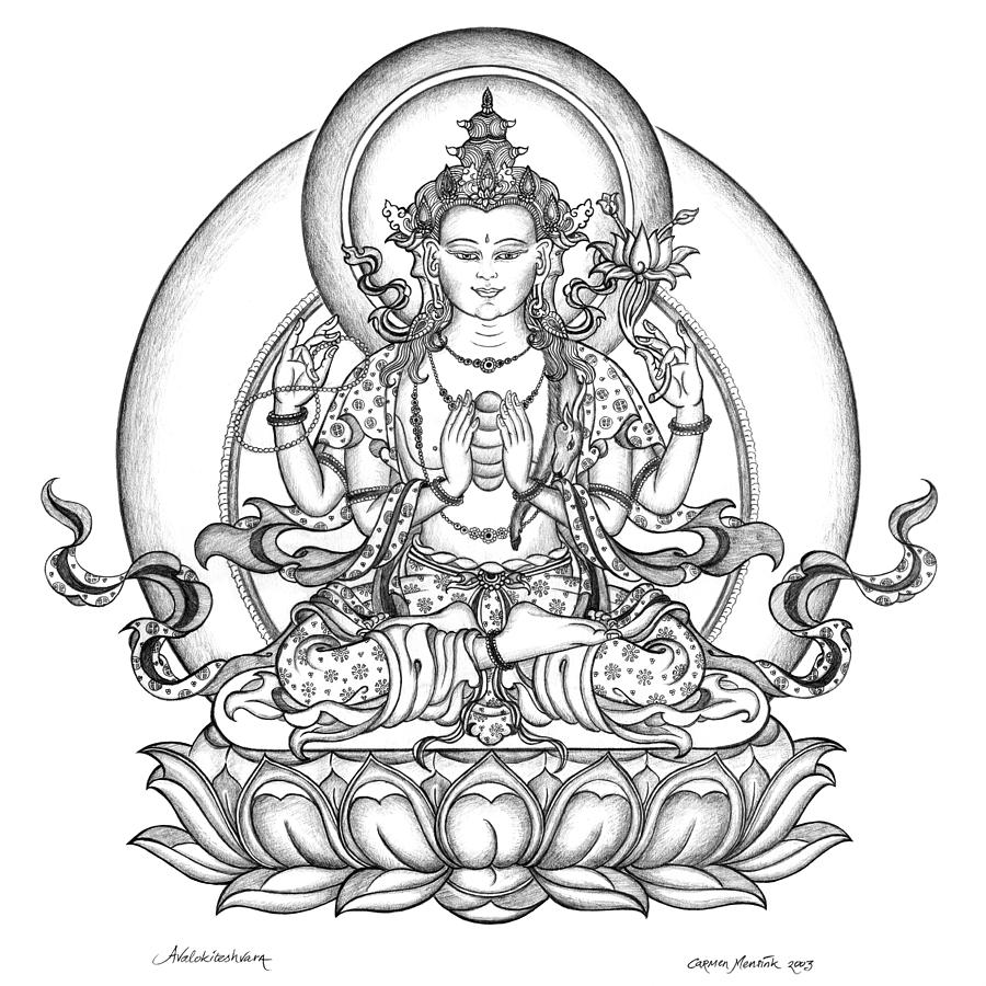 Avalokiteshvara Chenrezig Drawing by Carmen Mensink
