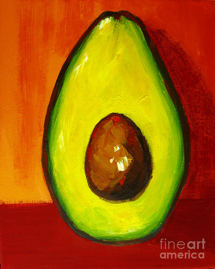 Fruit Painting - Avocado Modern Art, Kitchen Decor, Orange and Red Background by Patricia Awapara