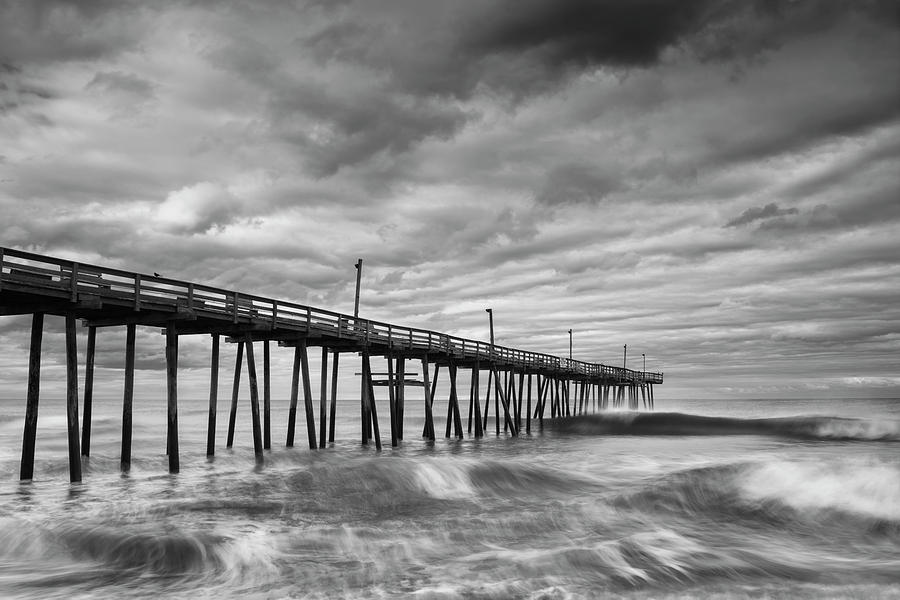 Avon Fishing Pier and Crashing Waves in Black and White Photograph by Ranjay Mitra