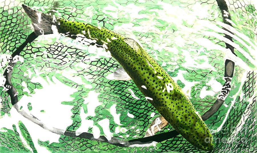 Trout Painting - Awaiting Freedom by Jbs Water on Cotton Trout Painting - Awaiting Freedom by Jbs Water on Cotton