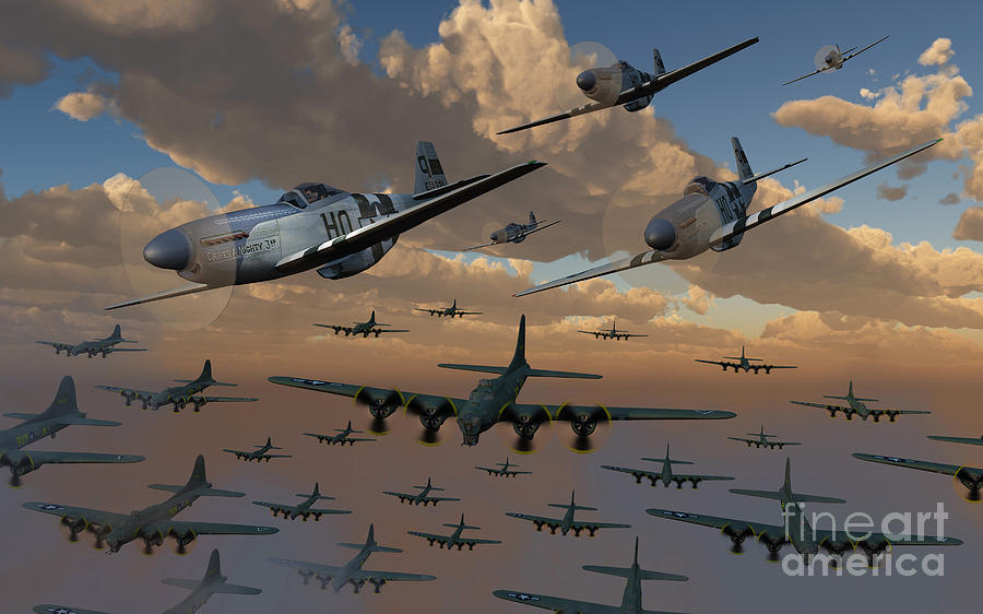 B-17 Flying Fortress Bombers And P-51 Digital Art