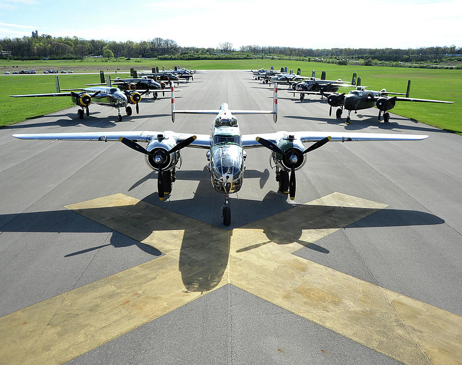 B 25 Bombers parked on the runway at US Air Force Base Wright Patterson Photograph by Paul Fearn