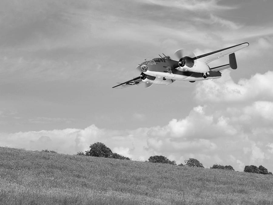 B-25 Warbird Returns - Black and White Photograph by Gill Billington
