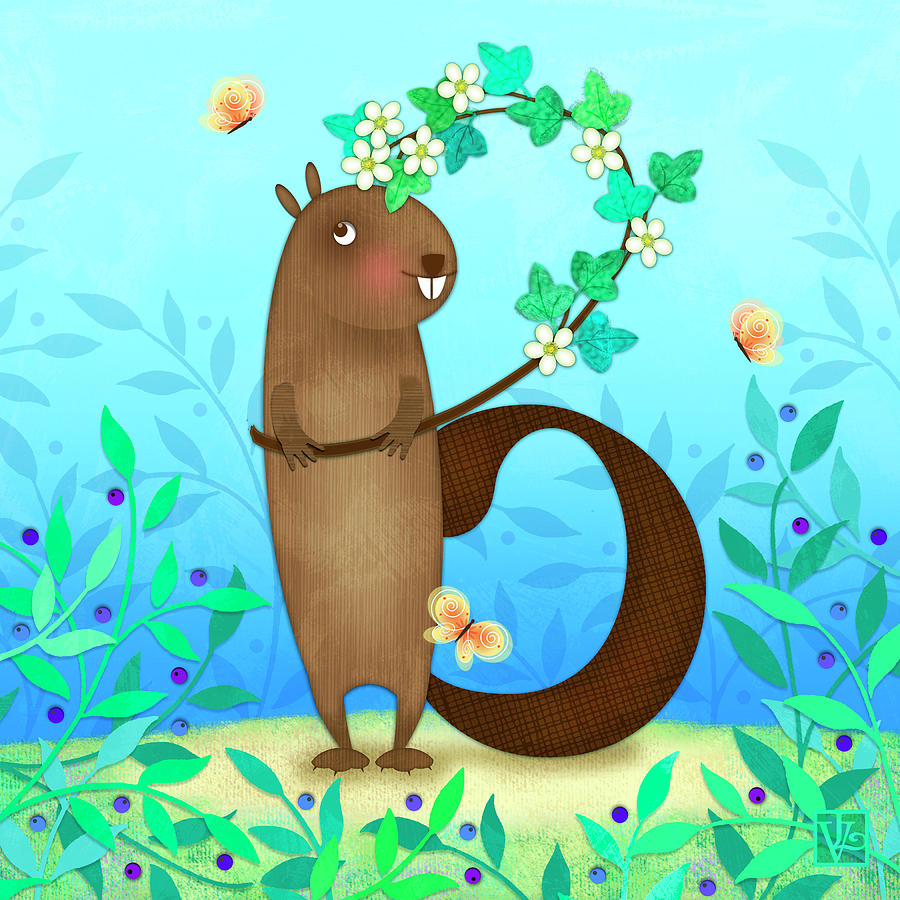 B is for Beaver with a Blossoming Branch Digital Art by Valerie Drake Lesiak