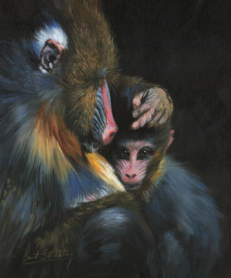 Ape Painting - Baboon Mother and Baby by David Stribbling