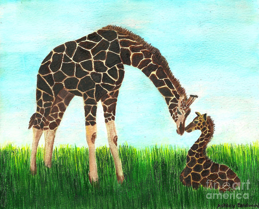 Giraffe Painting - Baby and Mother Giraffe with Hidden Mickey by Ashley Baldwin