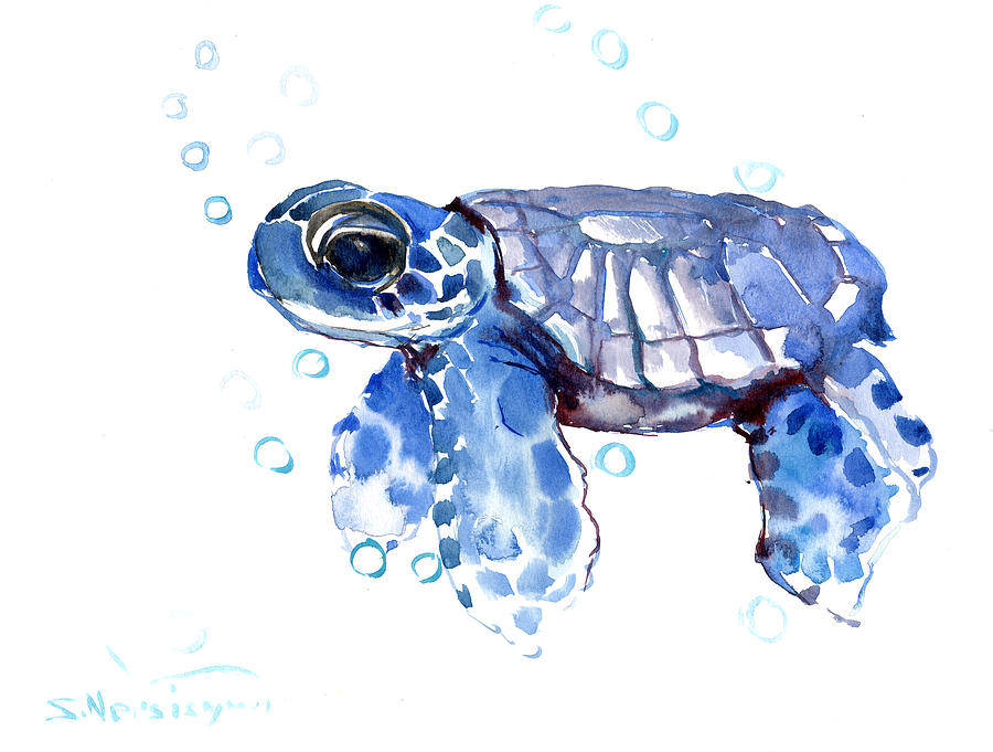 Turtle Painting - Baby Blue Sea Turtle by Suren Nersisyan