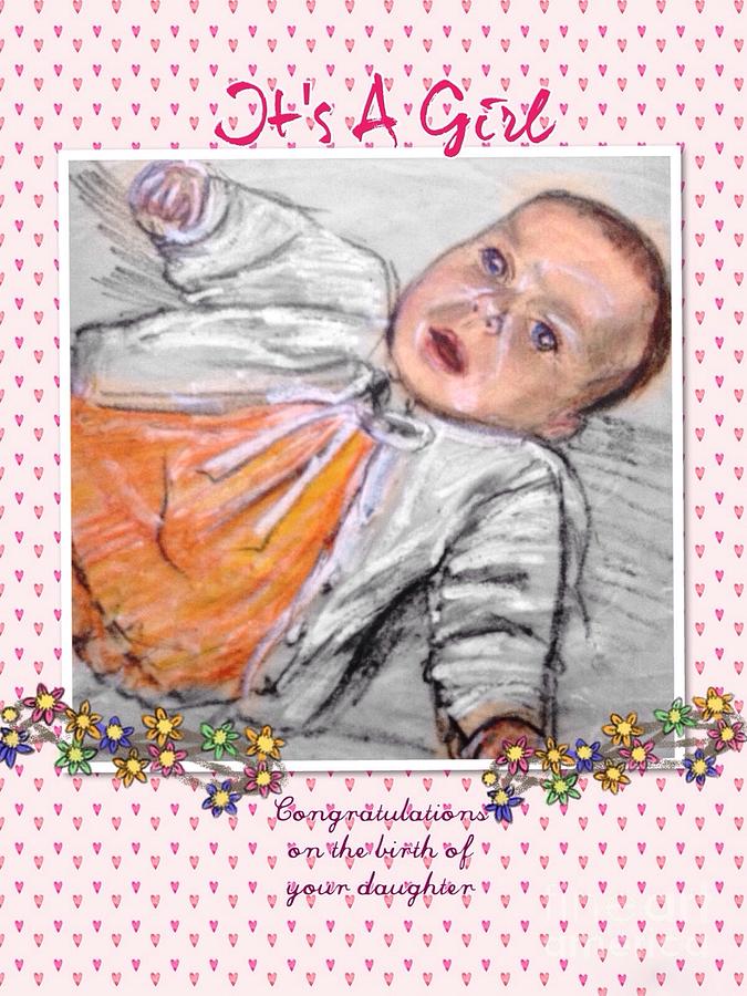 Oil Pastels Mixed Media - Baby Congratulations by Joan-Violet Stretch
