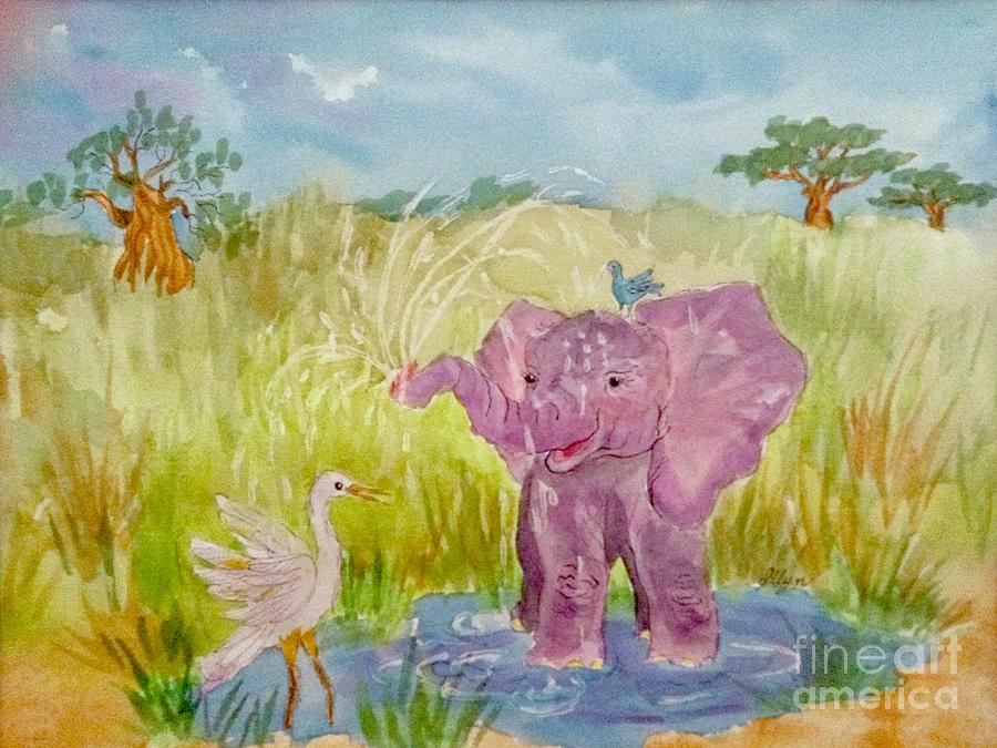 Baby Elephant And Friends Painting by Ellen Levinson