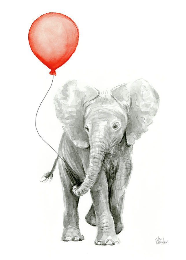 Jungle Painting - Baby Elephant Watercolor Red Balloon by Olga Shvartsur