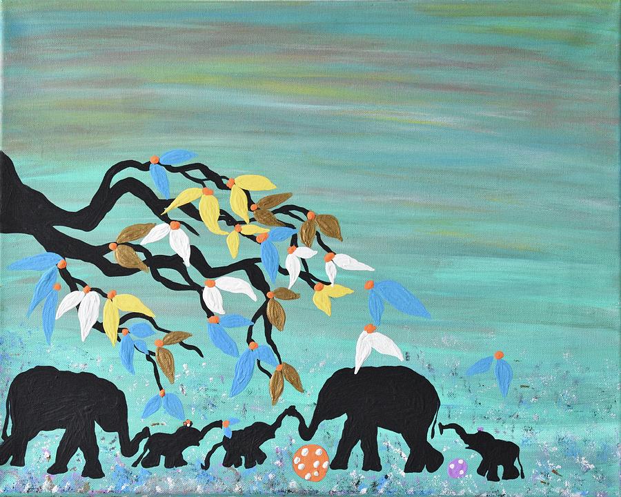 Baby Elephants Nursery Painting Blue Nursery Decor Safari Acrylic Canvas Painting by Geanna Georgescu