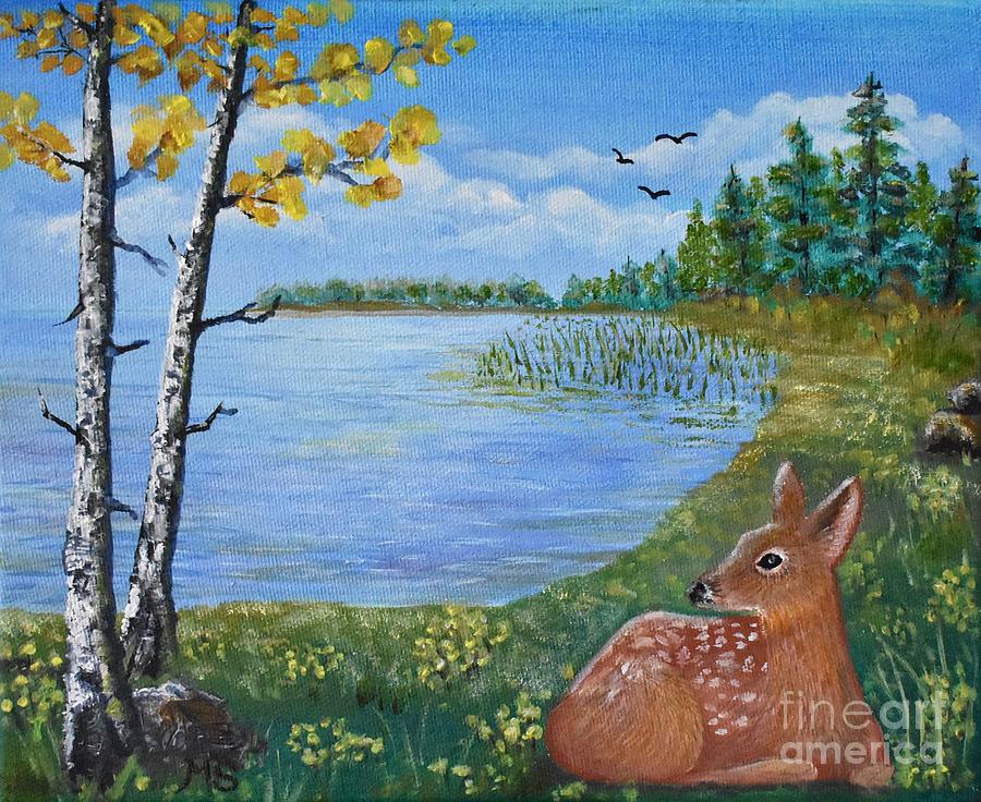 Baby Fawn in Spring Painting by Monika Shepherdson