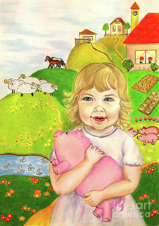 Baby girl with Piggy-toy Drawing by Ella Boughton