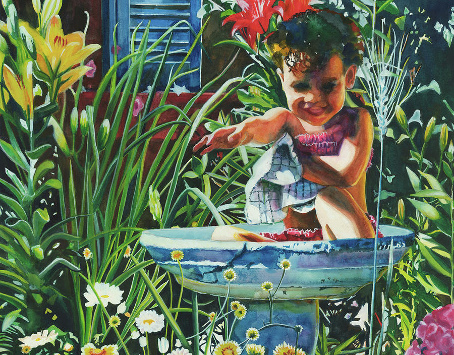 Lilies Painting - Baby in the Birtbath by Maureen Dean