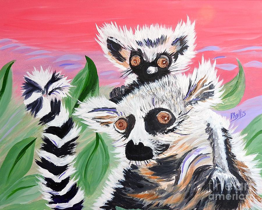Baby Lemur Atop Mama Painting Painting by Phyllis Kaltenbach