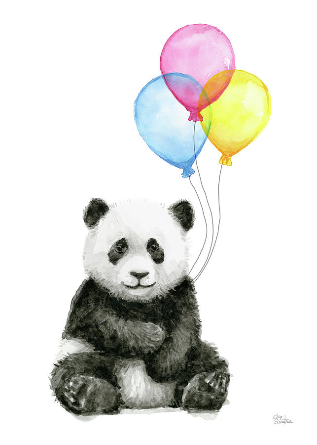 Baby Panda Painting - Baby Panda Watercolor with Balloons by Olga Shvartsur